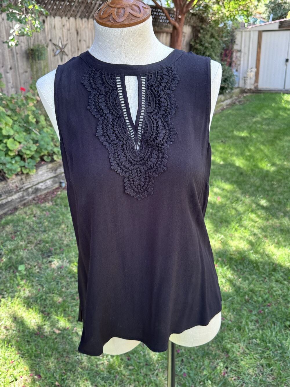 Pale Sky Women's PM Petite Sleeveless Knit Top Black Crochet Button Keyhole